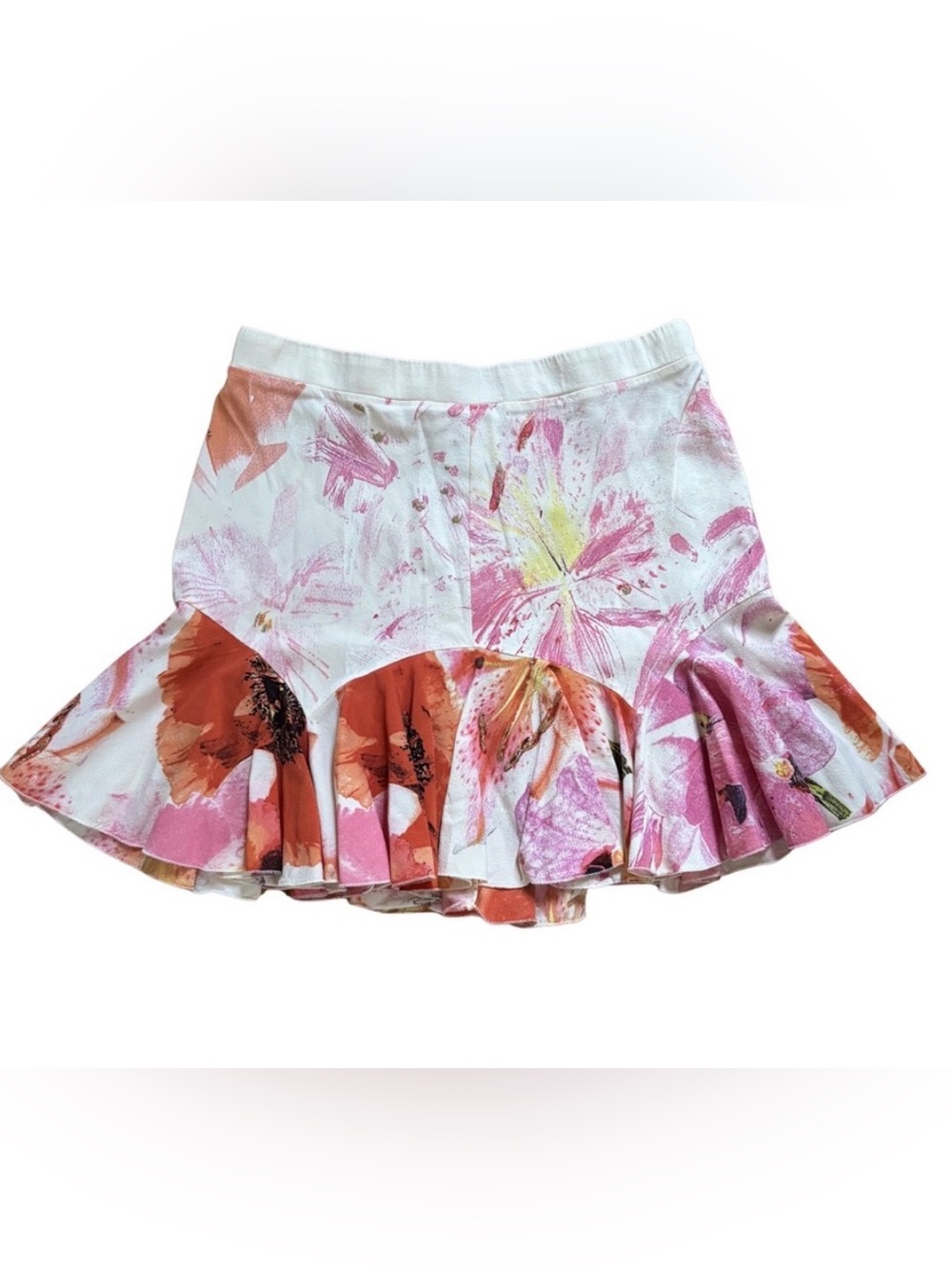Roberto Cavalli S/S 2002 Vintage Floral Silk Pink White Ruffle Mini Skirt S